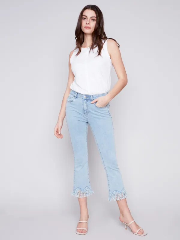 Cropped Jeans with Fringed Hem - Bleach Blue sold by Charlie B
