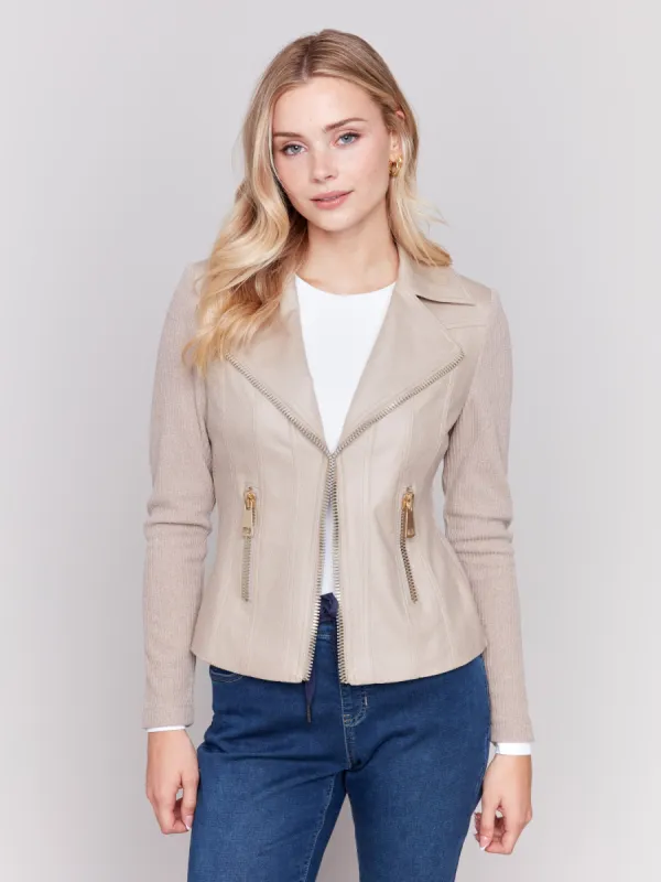 Vintage Faux Leather And Rib Knit Jacket - Almond sold by Charlie B
