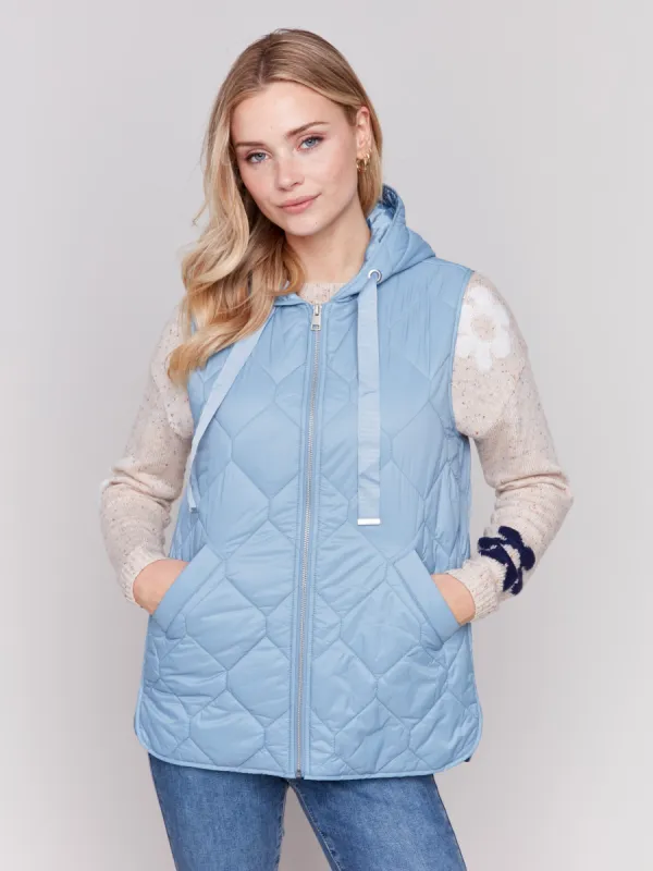Short Quilted Puffer Vest with Hood - Frost sold by Charlie B