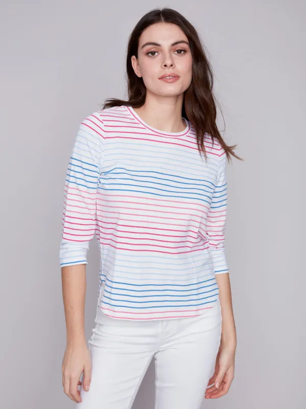 Striped ¾ Sleeve Cotton Top - Multicolor sold by Charlie B