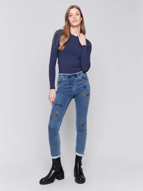 Embroidered Knit Denim Jogger Pants - Medium Blue sold by Charlie B