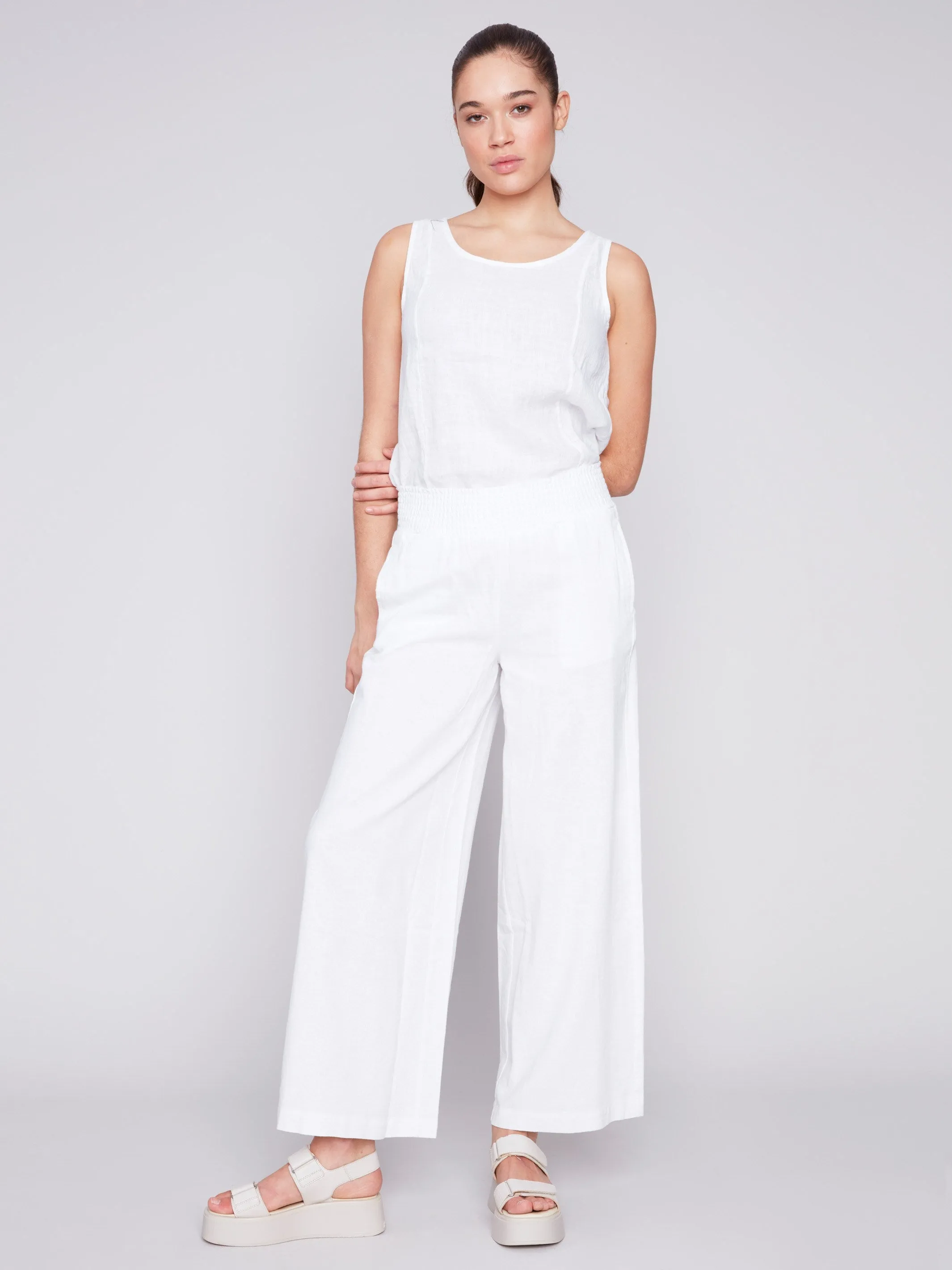 Elastic Waist Linen-Blend Pull-On Pants - White sold by Charlie B product image thumbnail 4