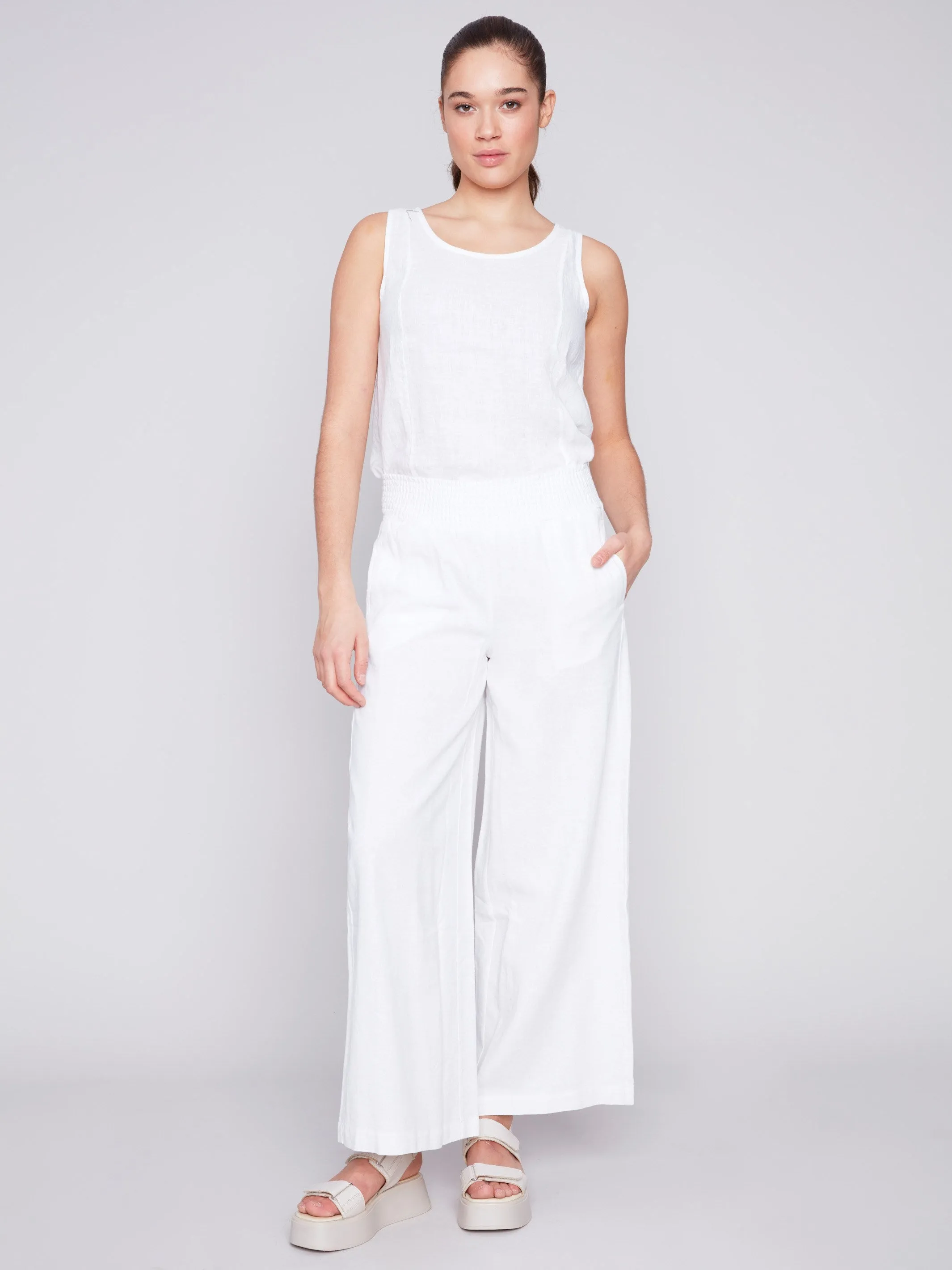 Elastic Waist Linen-Blend Pull-On Pants - White sold by Charlie B