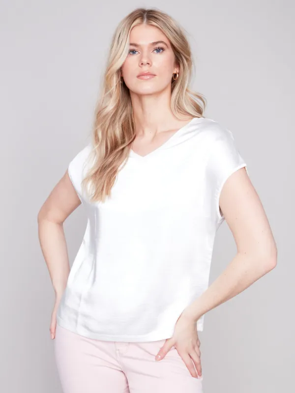 Satin V-Neck Knit Top - Natural sold by Charlie B