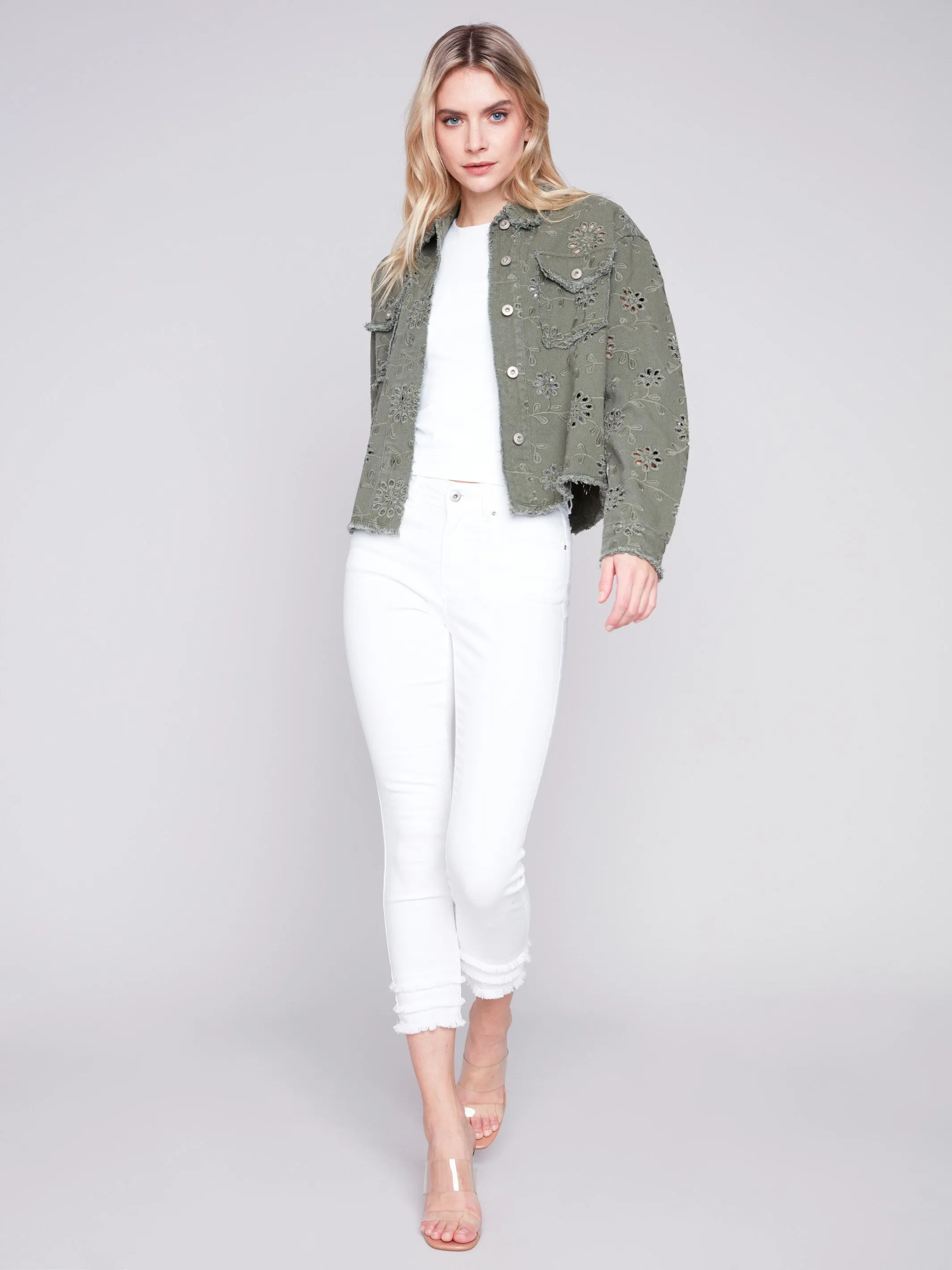 Embroidered Eyelet Denim Jacket - Celadon sold by Charlie B product image thumbnail 4