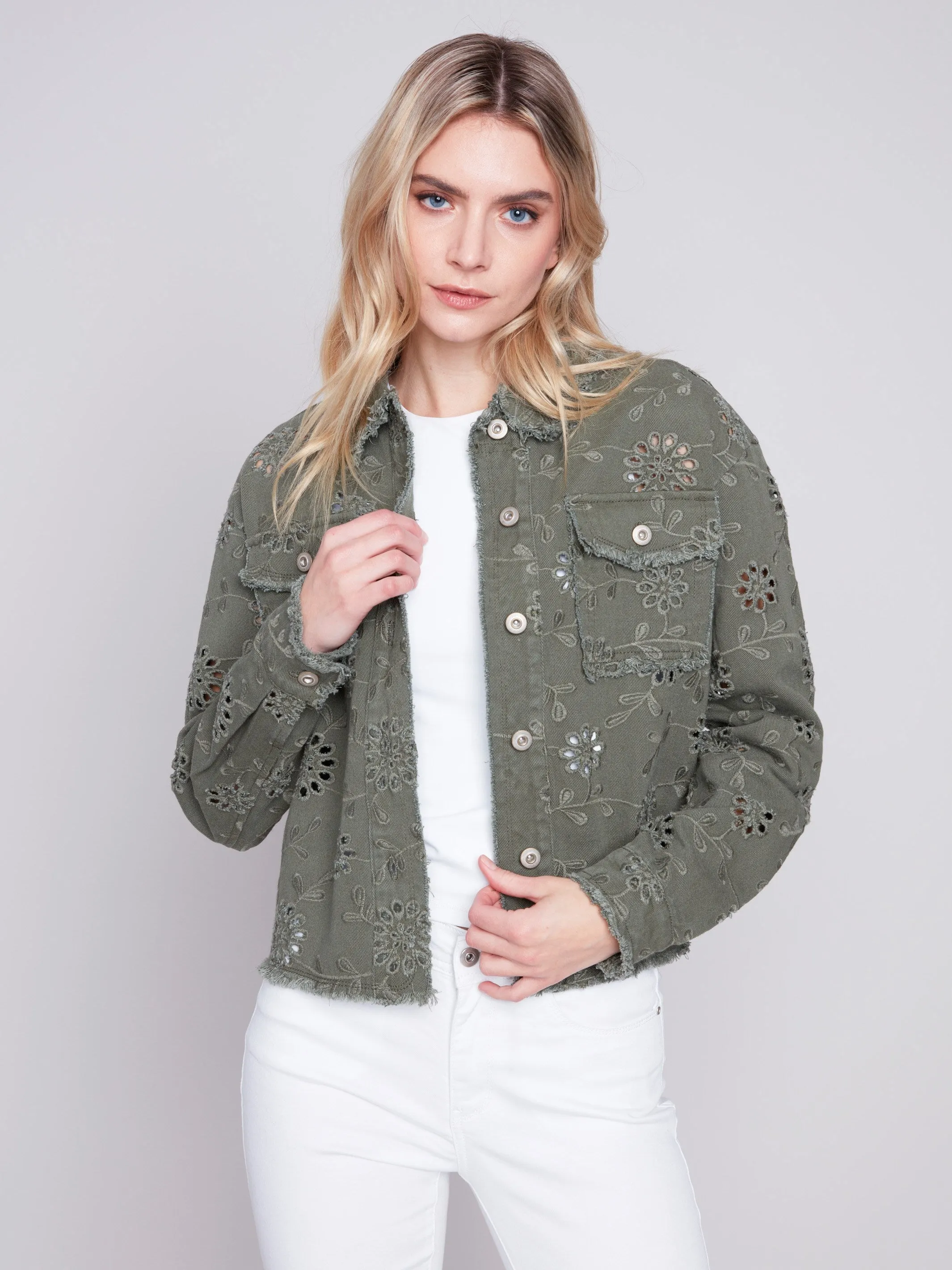 Embroidered Eyelet Denim Jacket - Celadon sold by Charlie B