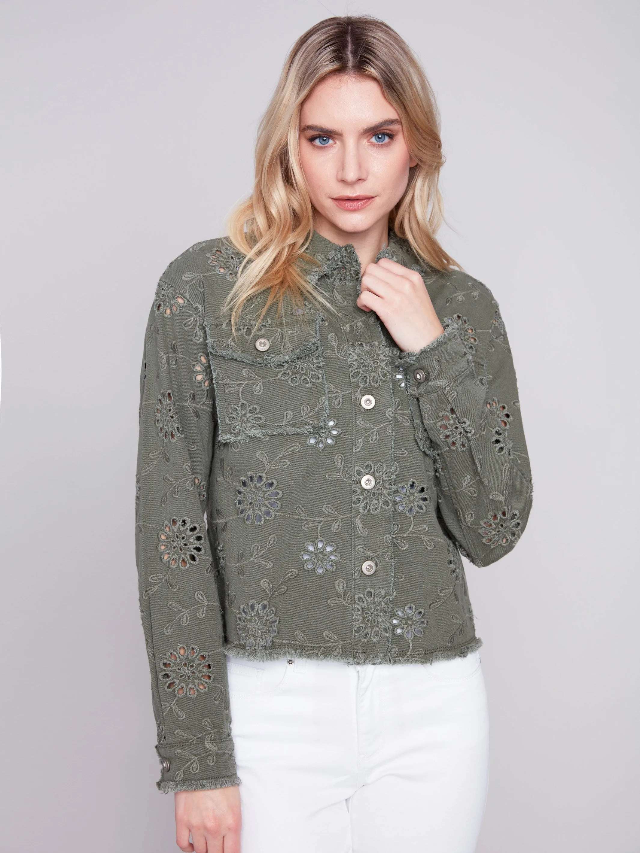 Embroidered Eyelet Denim Jacket - Celadon sold by Charlie B product image thumbnail 3
