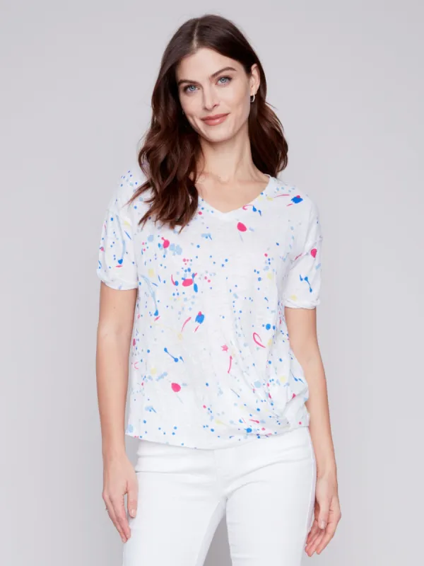 Printed Linen Top with Front Twist Knot - Splash sold by Charlie B