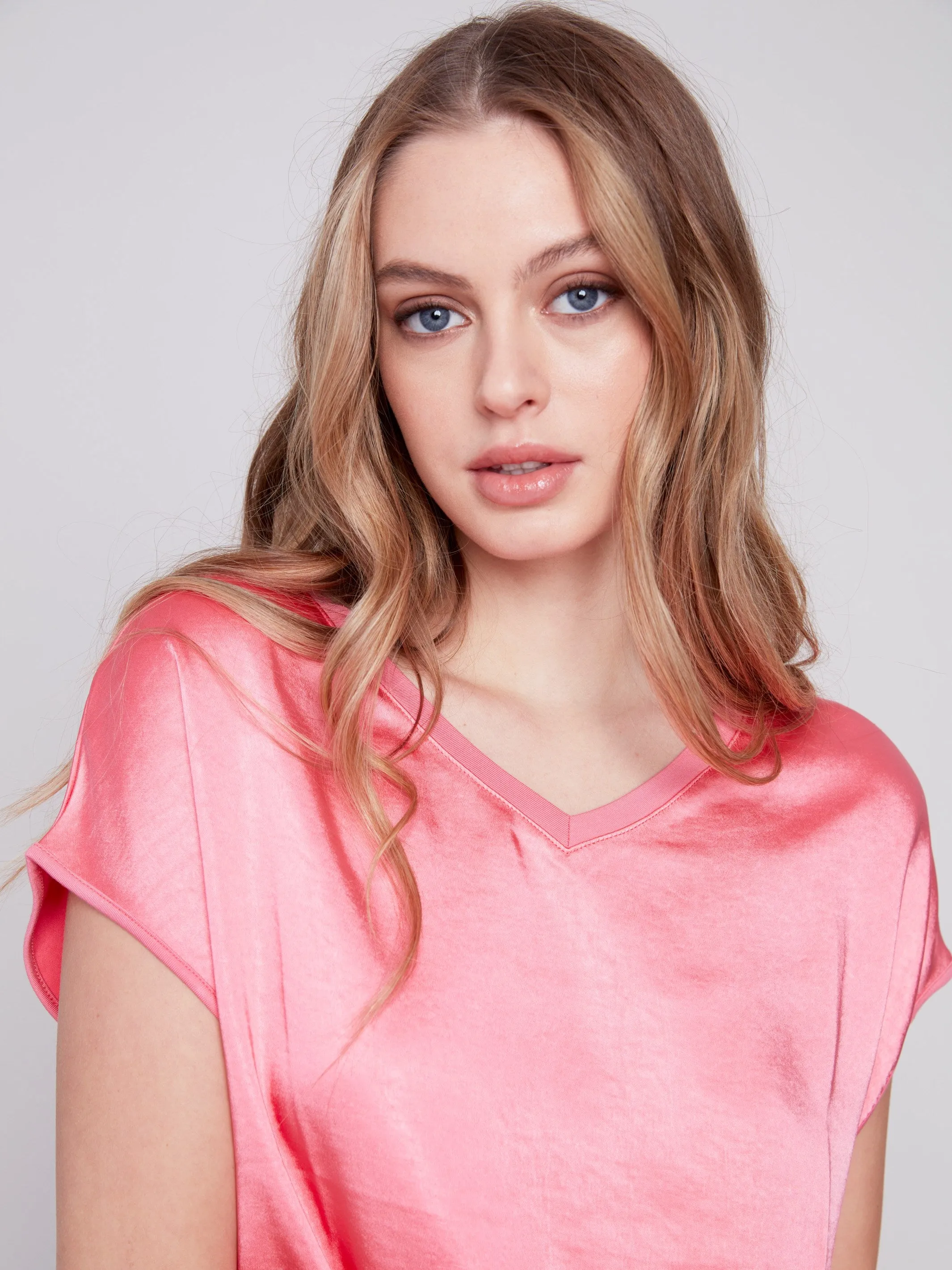 Satin V-Neck Knit Top - Flamingo sold by Charlie B product image thumbnail 4