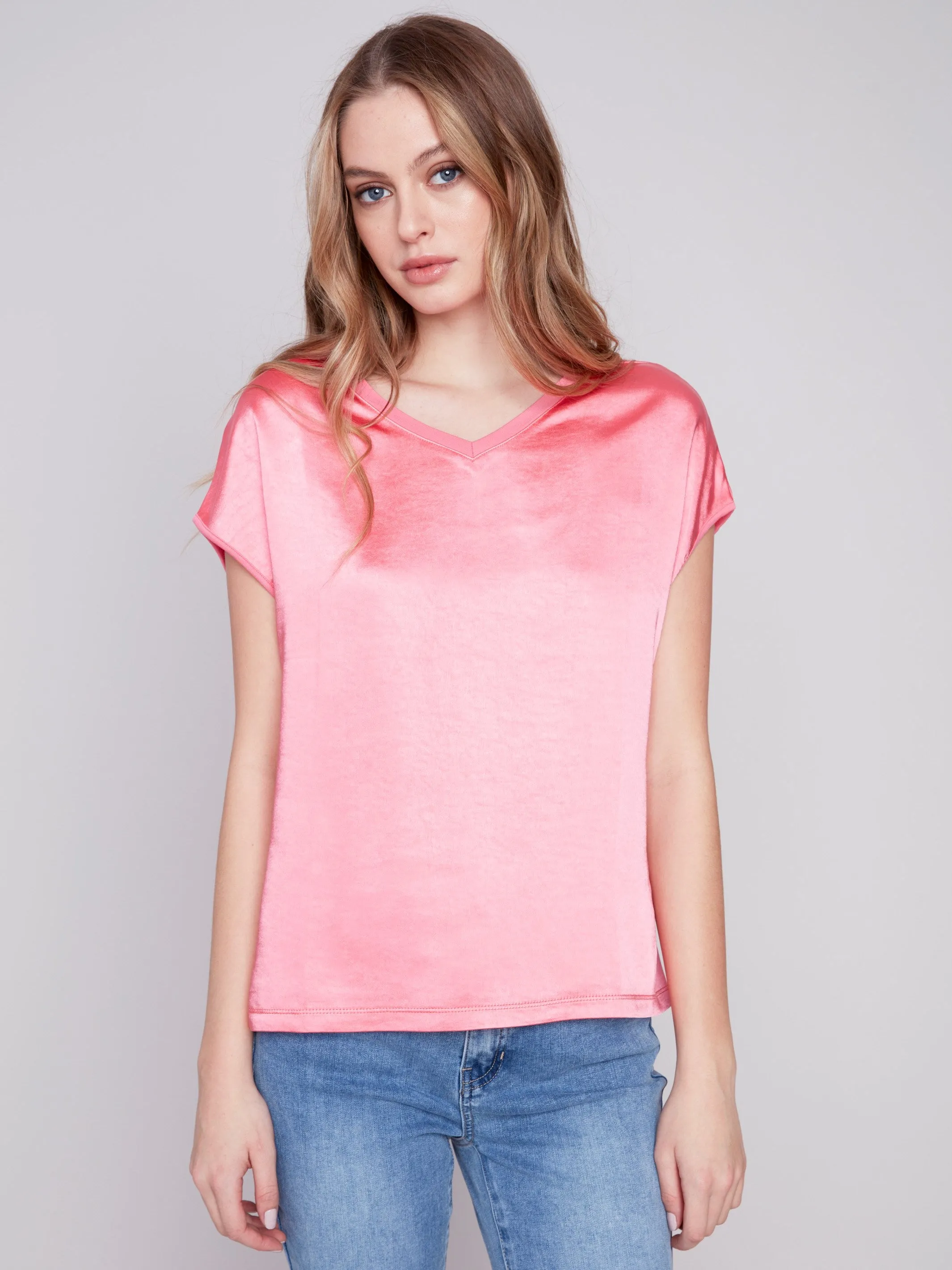 Satin V-Neck Knit Top - Flamingo sold by Charlie B
