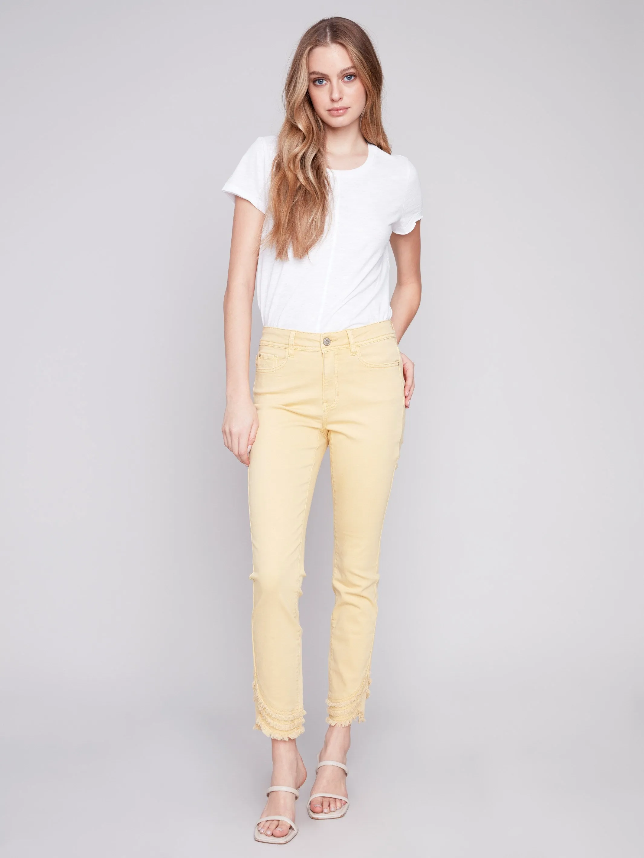 Frayed Hem Twill Pants - Lemon sold by Charlie B
