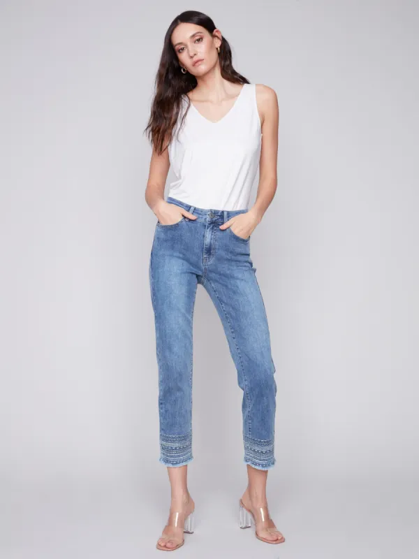 Embroidered Hem Jeans - Medium Blue sold by Charlie B