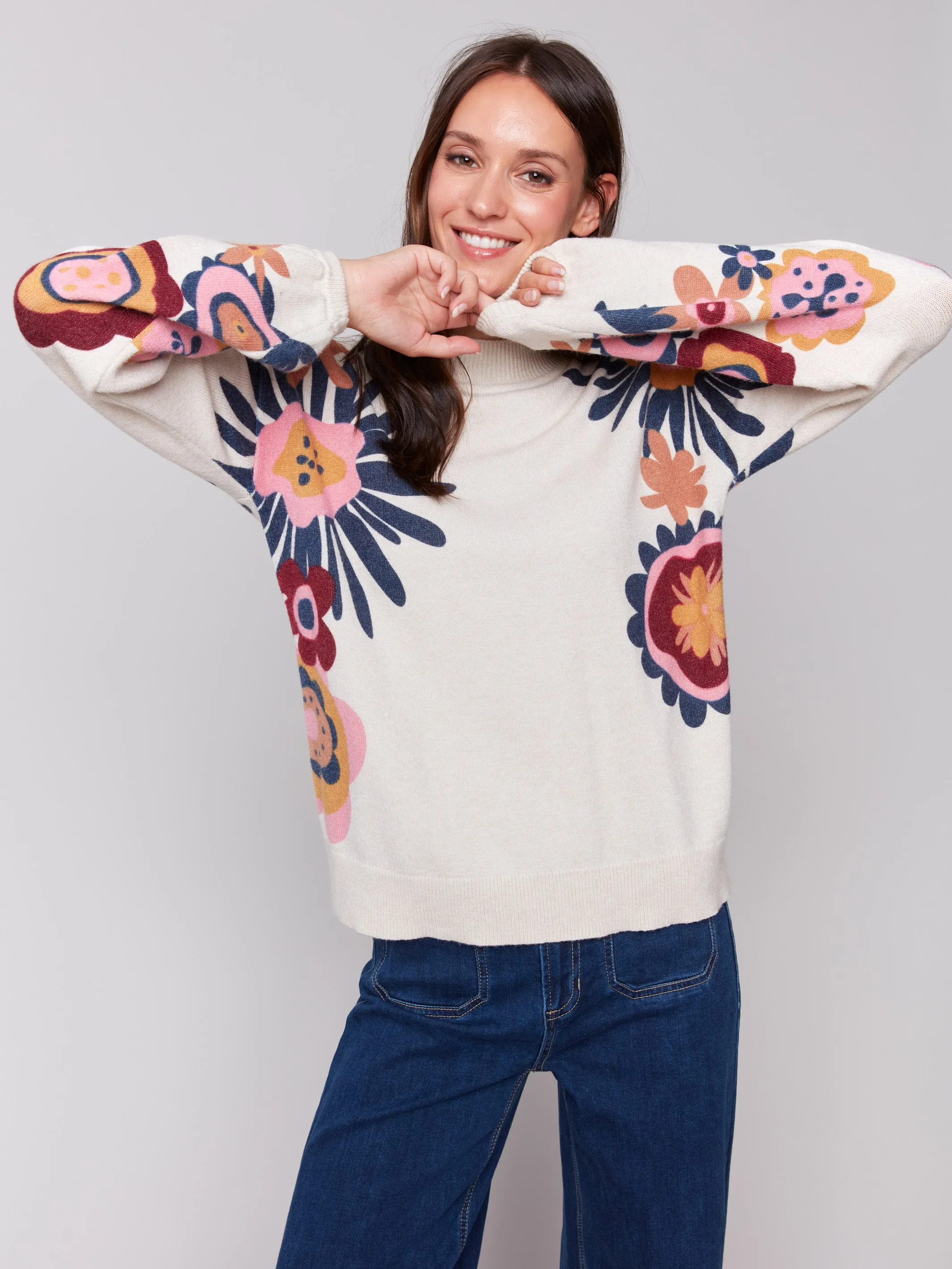 Floral Print Mock Neck Sweater - Beige sold by Charlie B product image thumbnail 5