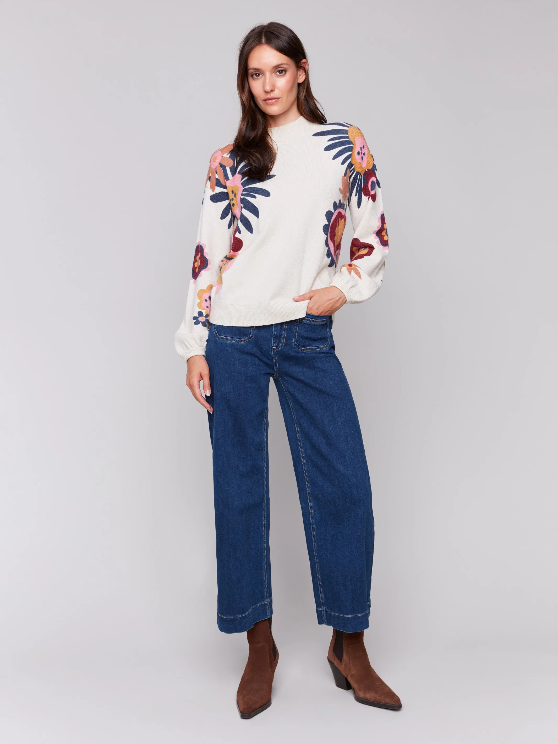 Floral Print Mock Neck Sweater - Beige sold by Charlie B product image thumbnail 4