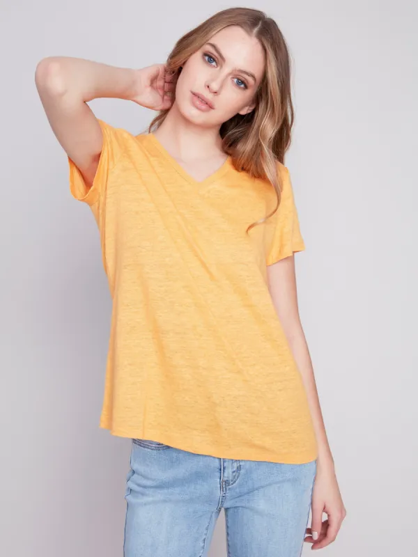 V-Neck Linen T-Shirt - Melon sold by Charlie B