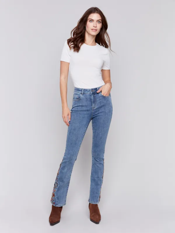 Bootcut Jeans With Floral Embroidery - Medium Blue sold by Charlie B