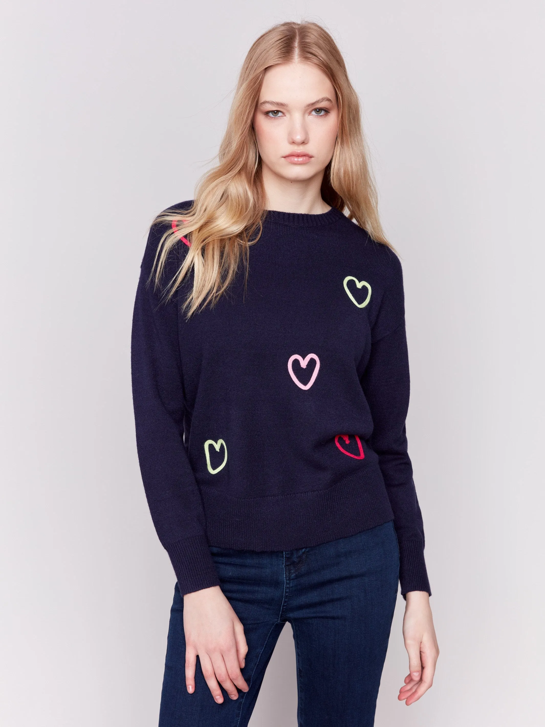 Sweater with Embroidered Hearts - Navy sold by Charlie B