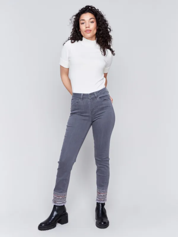 Embroidered Hem Jeans - Medium Grey sold by Charlie B
