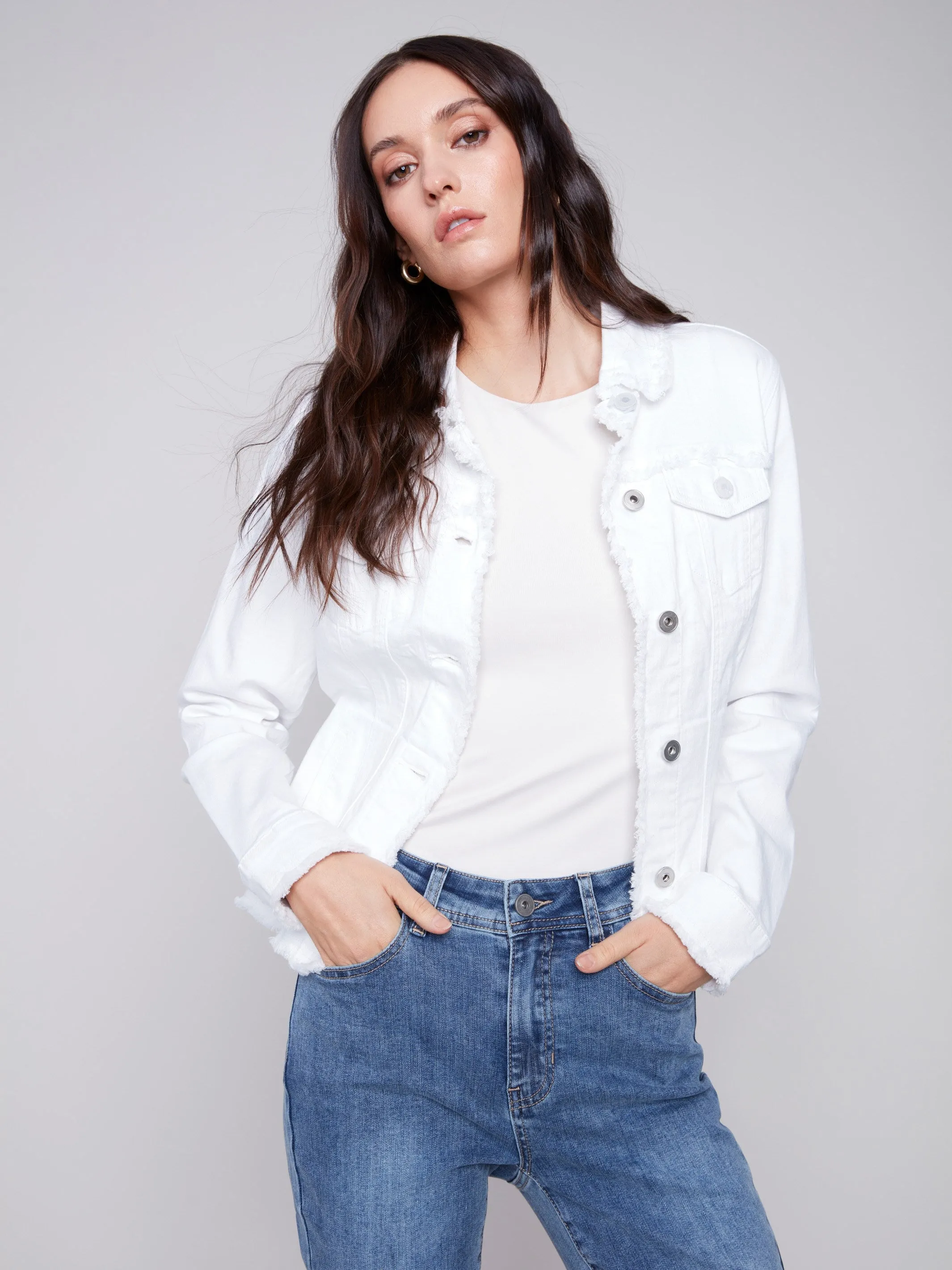 Twill Jean Jacket with Frayed Edges - White sold by Charlie B