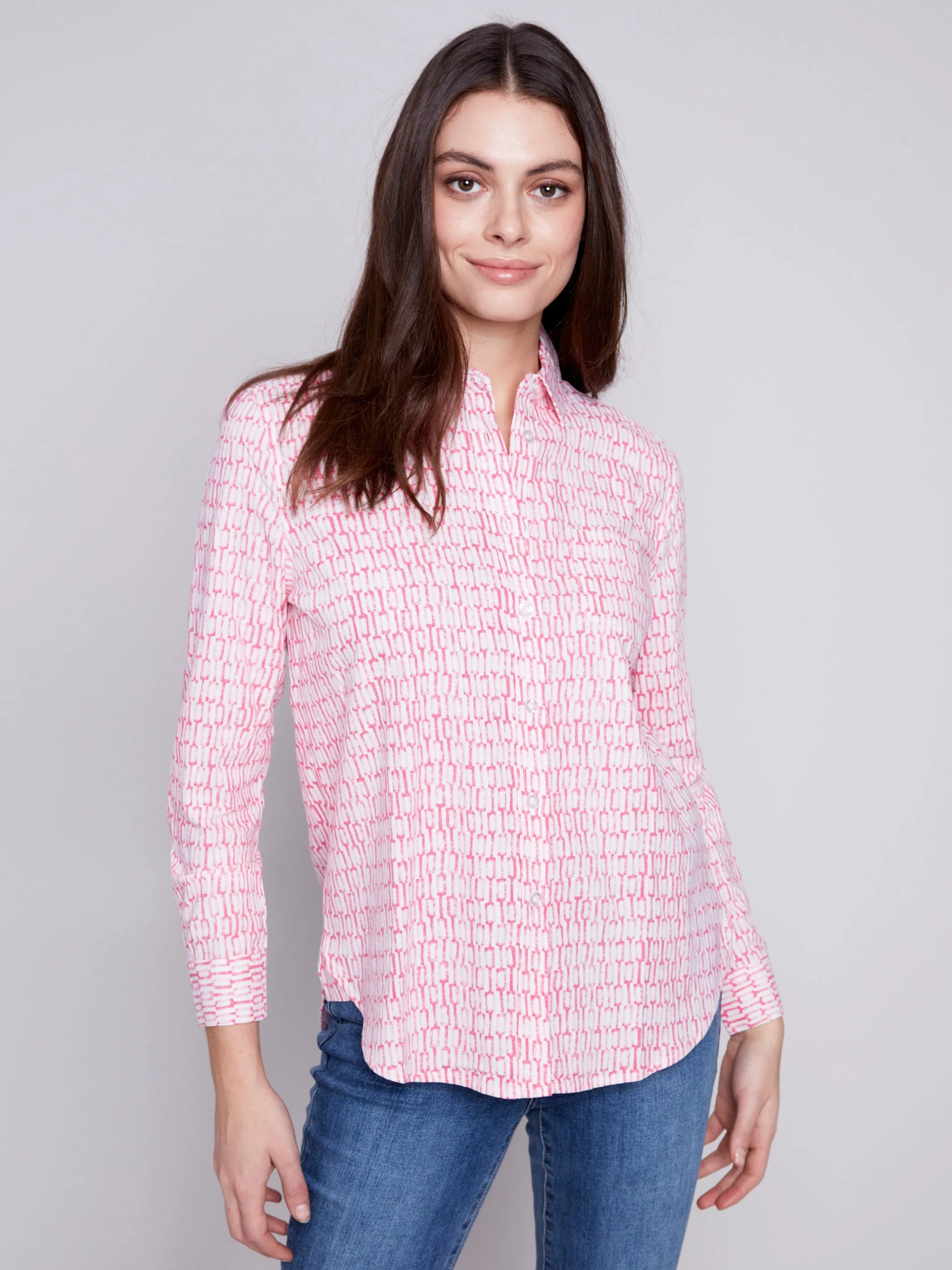 Linen Blend Button-Down Shirt - Flamingo sold by Charlie B