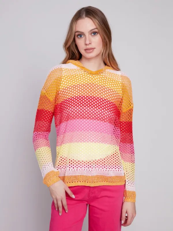 Striped Fishnet Crochet Hoodie Sweater - Punch sold by Charlie B