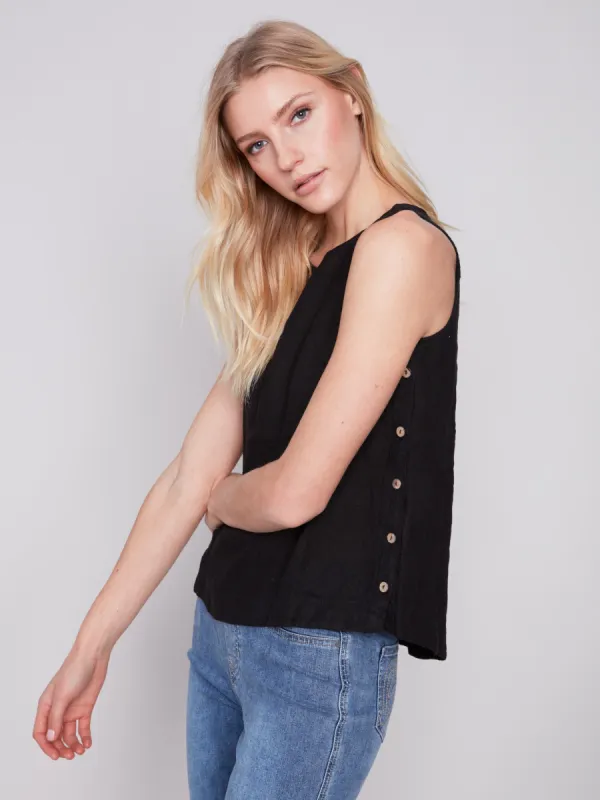 Sleeveless Linen Top with Side Buttons - Black sold by Charlie B