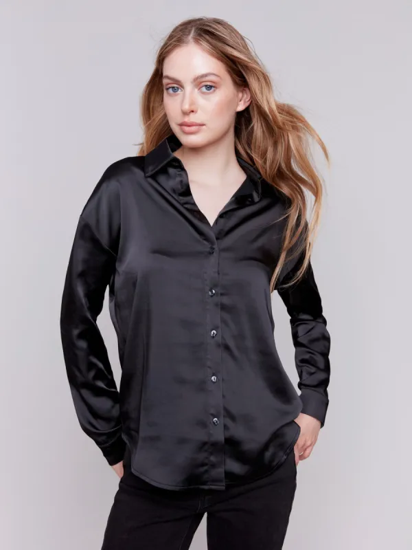 Solid Satin Button-Down Shirt - Black sold by Charlie B