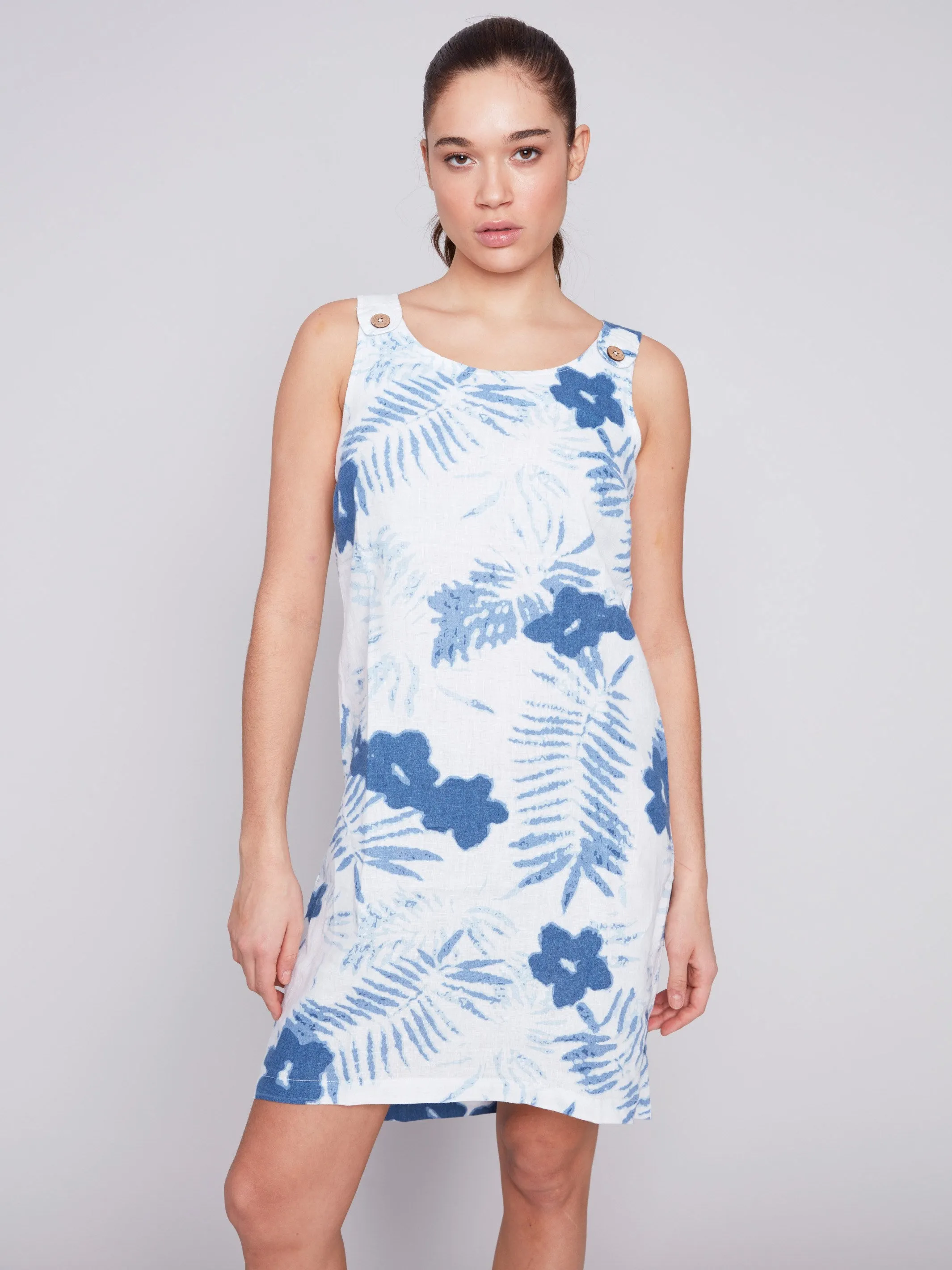 Sleeveless Printed A-Line Linen Dress - Blue sold by Charlie B