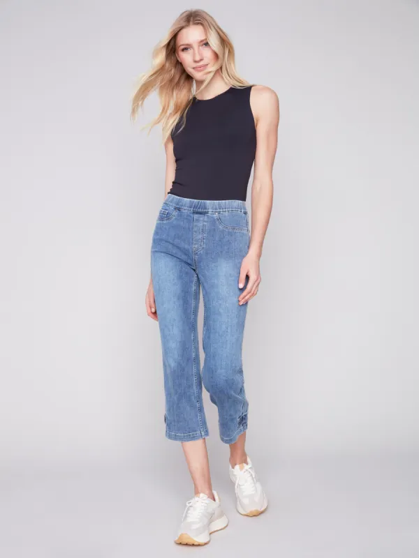 Cropped Pull-On Jeans with Hem Tab - Medium Blue sold by Charlie B