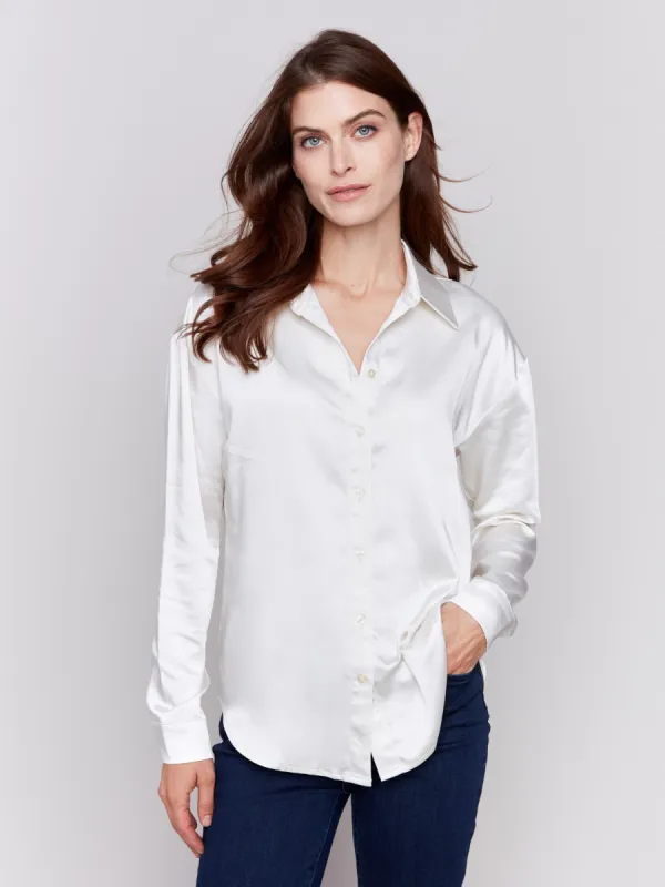 Solid Satin Button-Down Shirt - Ecru sold by Charlie B