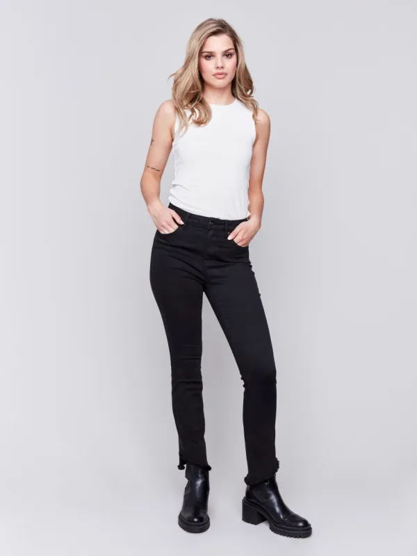 Bootcut Twill Pants With Asymmetrical Hem - Black sold by Charlie B