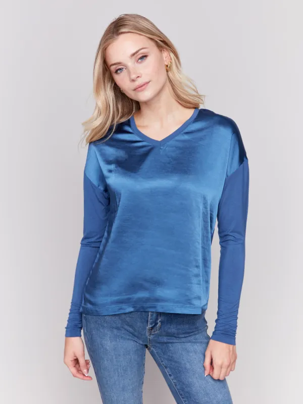 Satin And Jersey V-Neck Knit Top - Denim sold by Charlie B