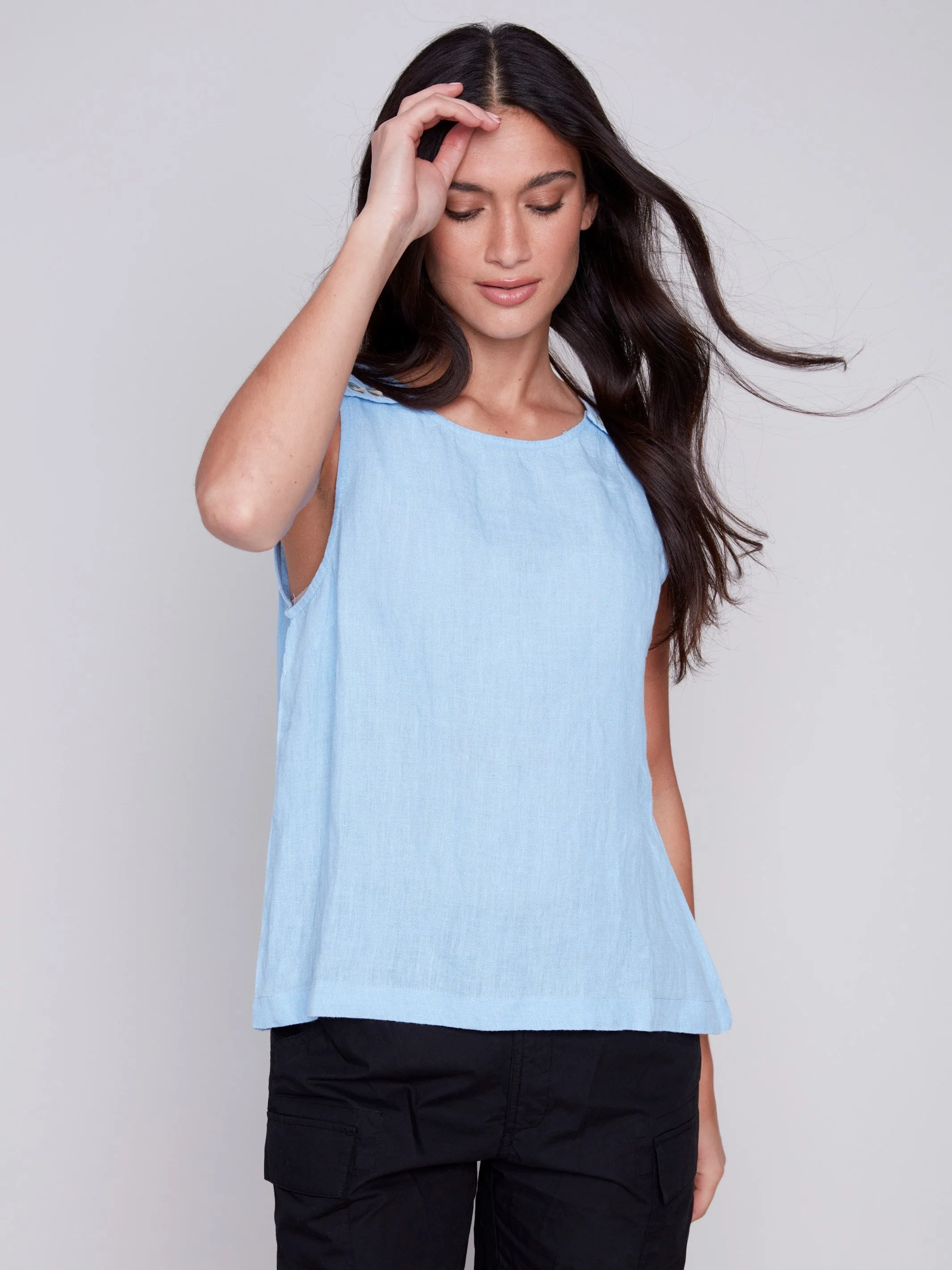 Sleeveless Linen Top with Button Detail - Sky sold by Charlie B product image thumbnail 2