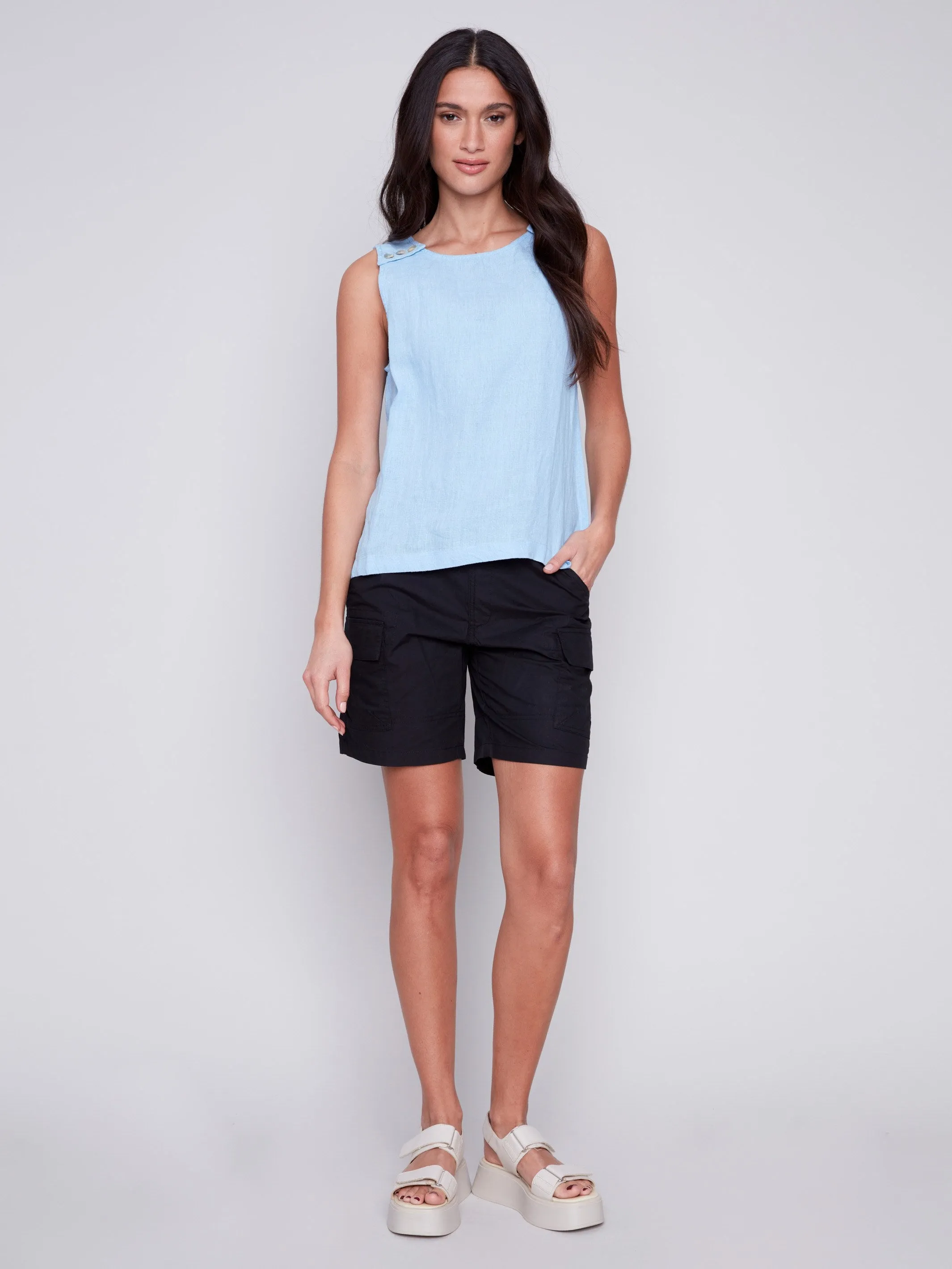 Sleeveless Linen Top with Button Detail - Sky sold by Charlie B product image thumbnail 3