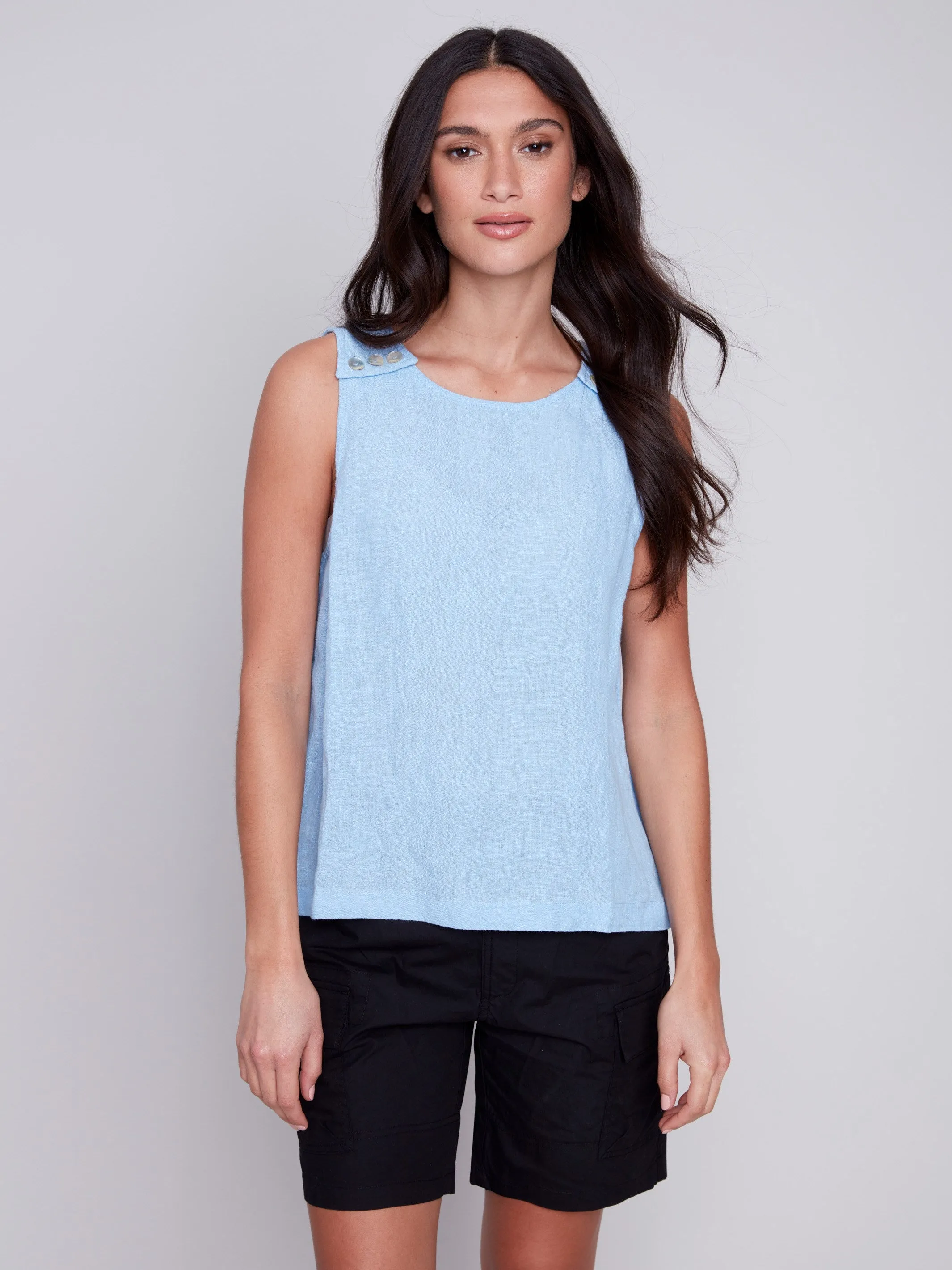 Sleeveless Linen Top with Button Detail - Sky sold by Charlie B