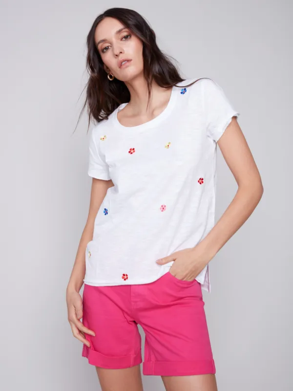 Embroidered Cotton Slub Knit T-Shirt - White sold by Charlie B