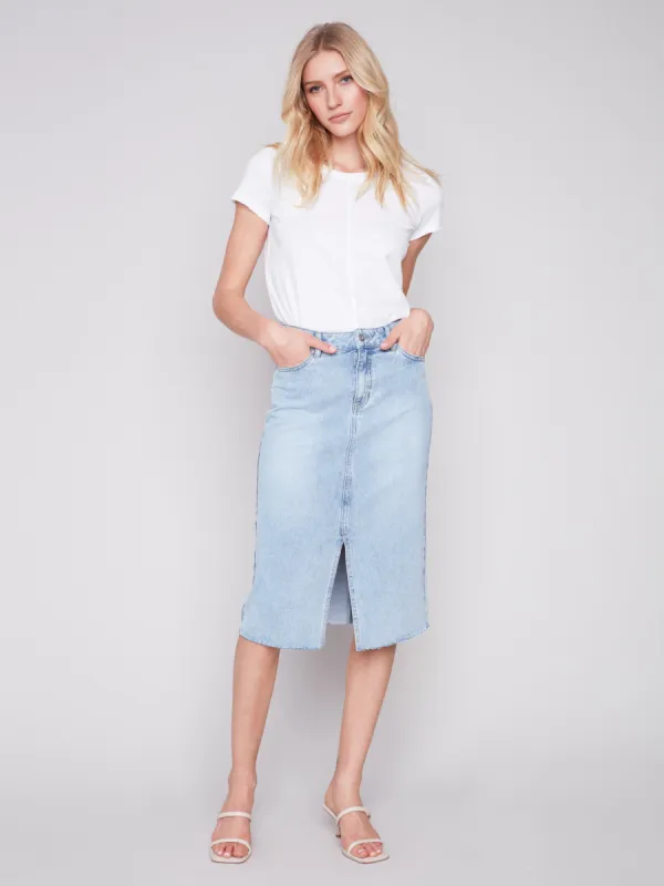 Denim Midi Skirt with Frayed Hem - Light Blue sold by Charlie B