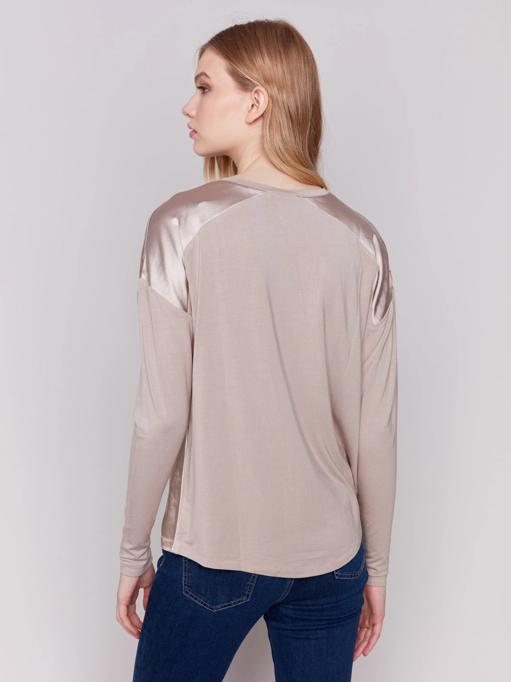Satin And Jersey V-Neck Knit Top - Almond sold by Charlie B product image thumbnail 3