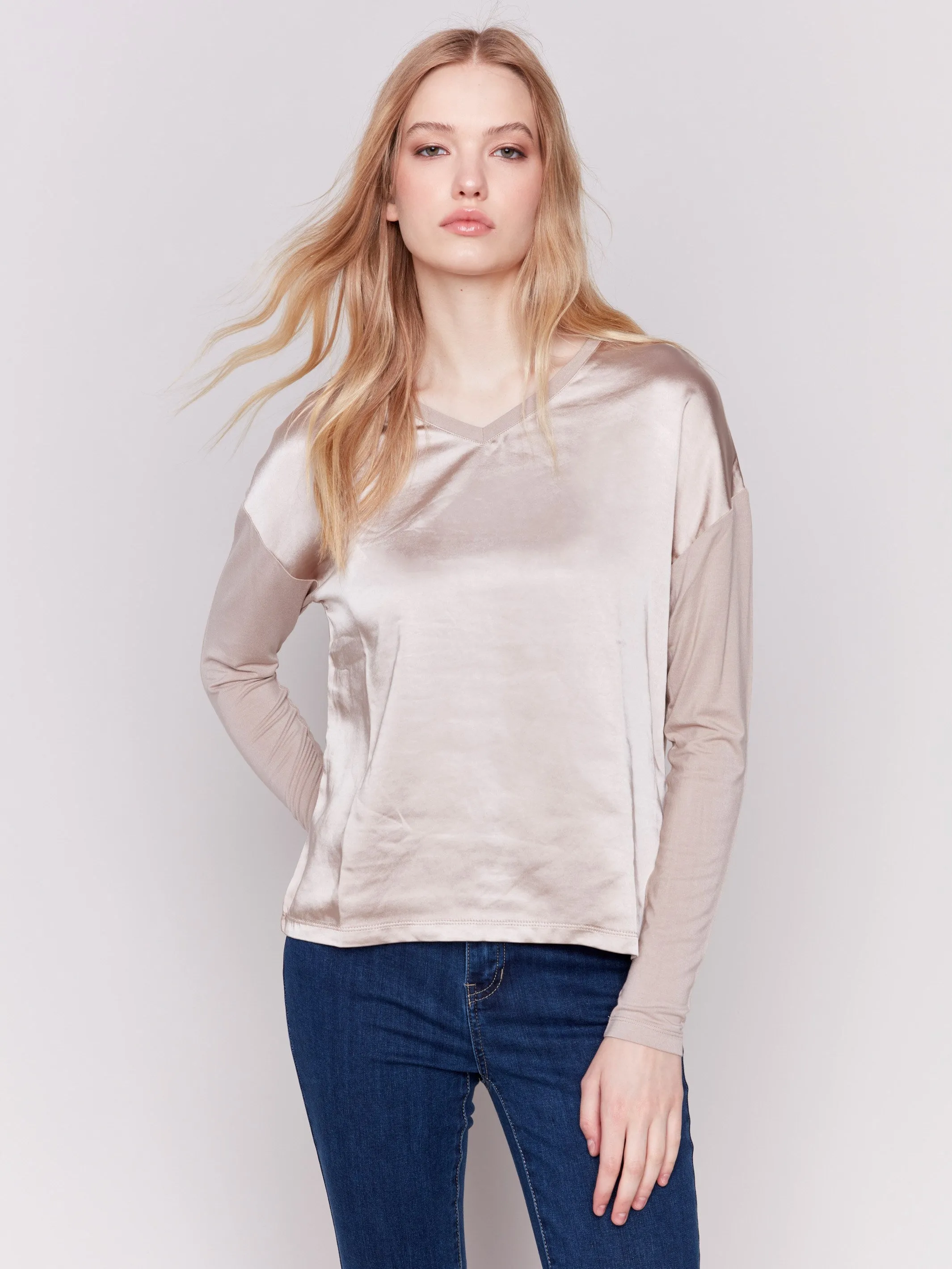 Satin And Jersey V-Neck Knit Top - Almond sold by Charlie B