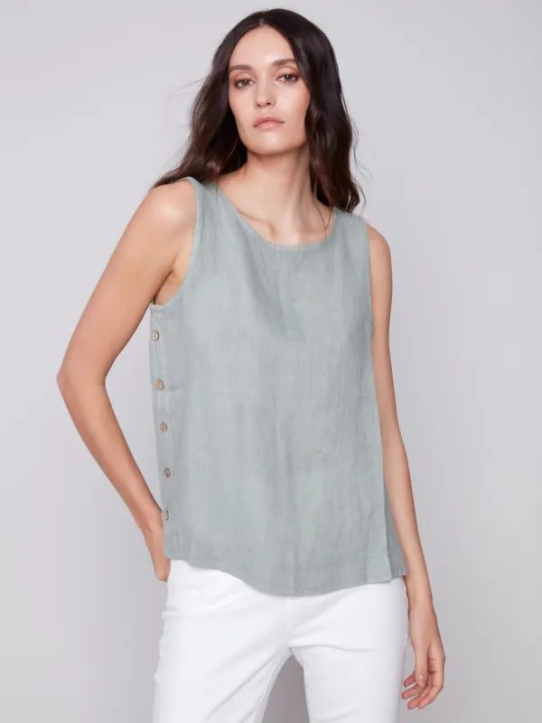 Sleeveless Linen Top with Side Buttons - Celadon sold by Charlie B