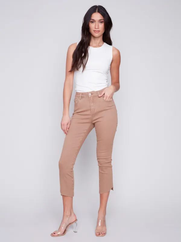 Cropped Bootcut Twill Pants with Asymmetrical Hem - Caramel sold by Charlie B