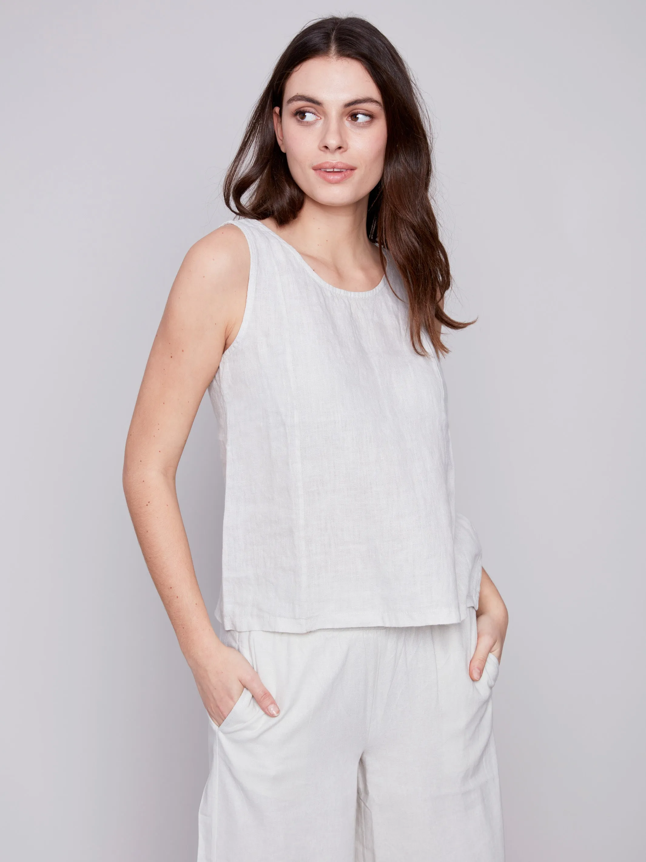 Sleeveless Linen Top with Slit - Natural sold by Charlie B product image thumbnail 4