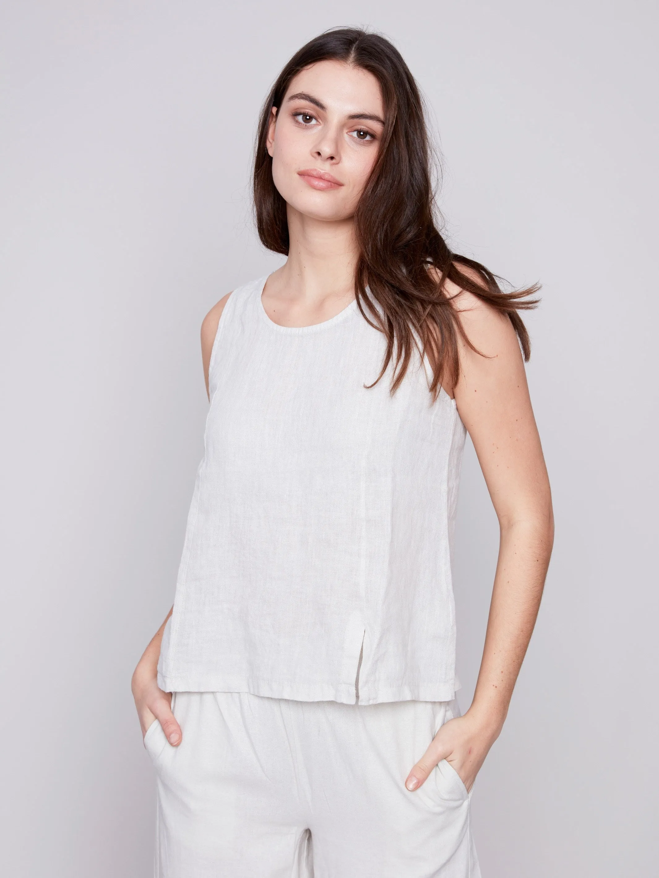 Sleeveless Linen Top with Slit - Natural sold by Charlie B