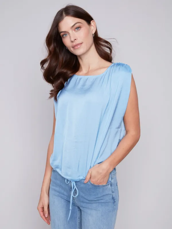 Sleeveless Satin Top with Drawstring - Sky sold by Charlie B