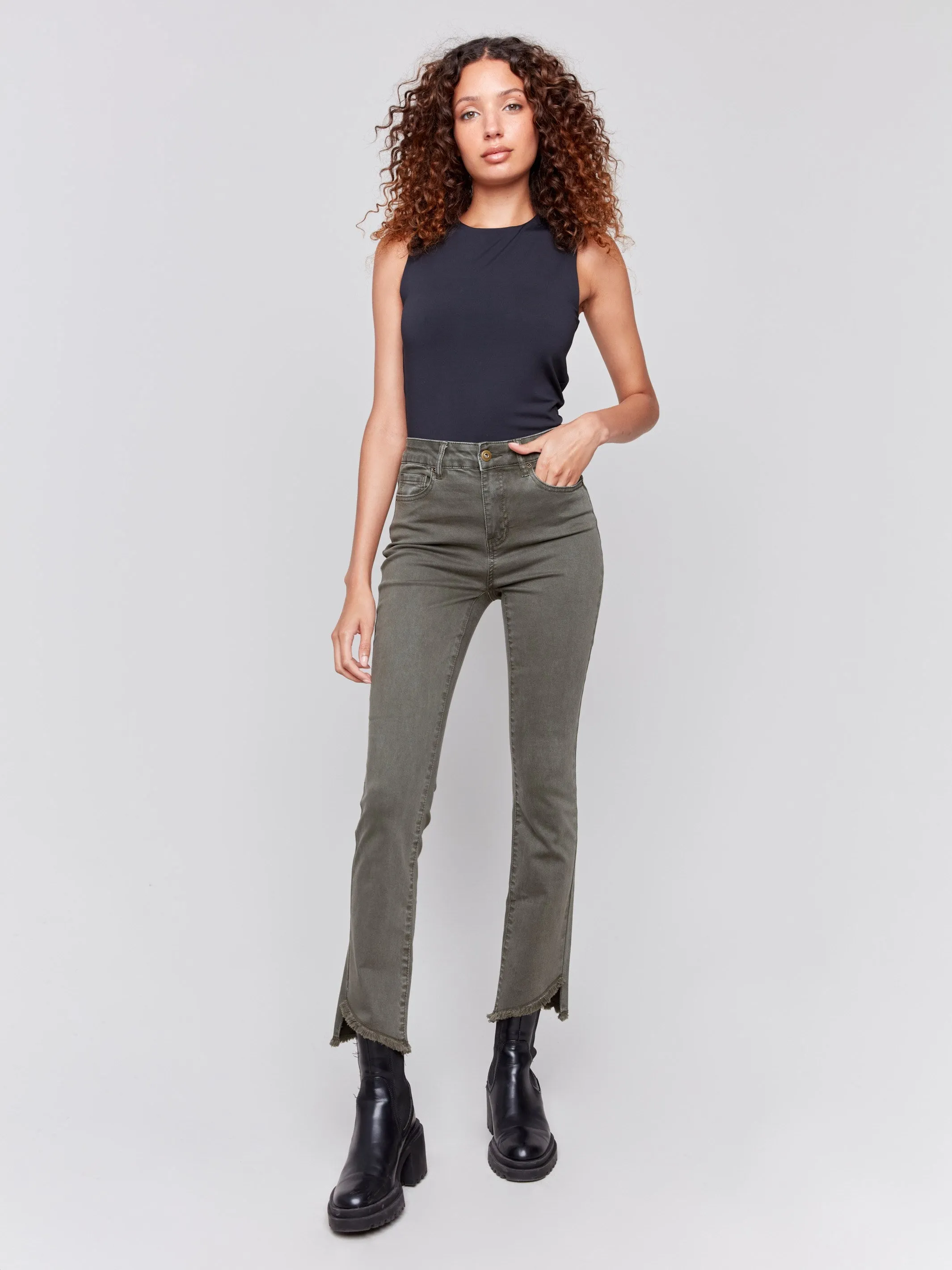 Bootcut Twill Pants With Asymmetrical Hem - Spruce sold by Charlie B