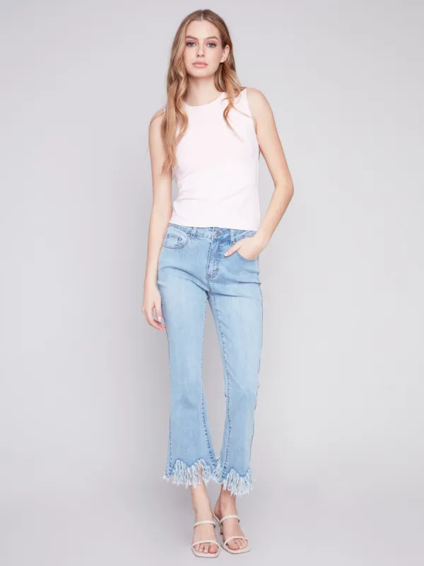 Cropped Jeans with Fringed Hem - Light Blue sold by Charlie B
