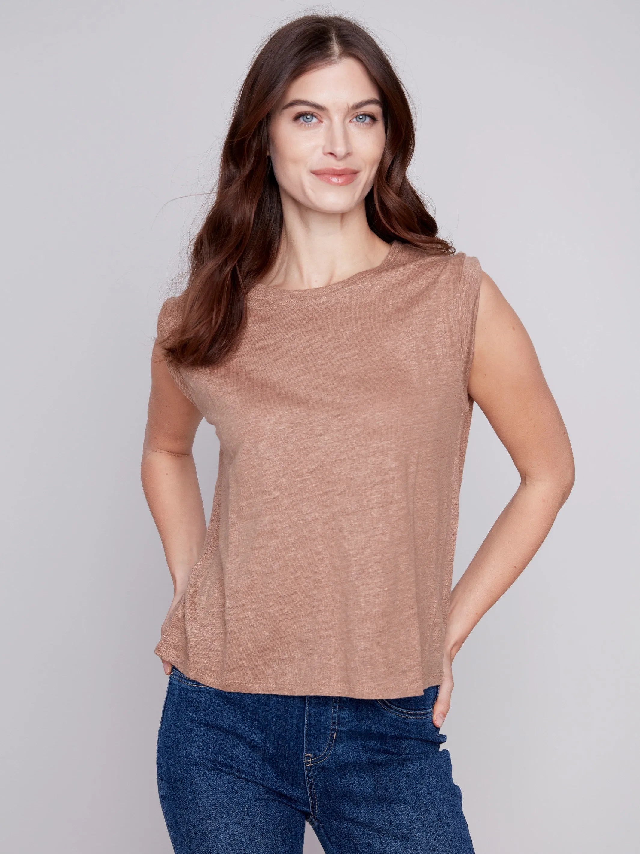 Linen Tank Top with Sleeve Detail - Caramel sold by Charlie B