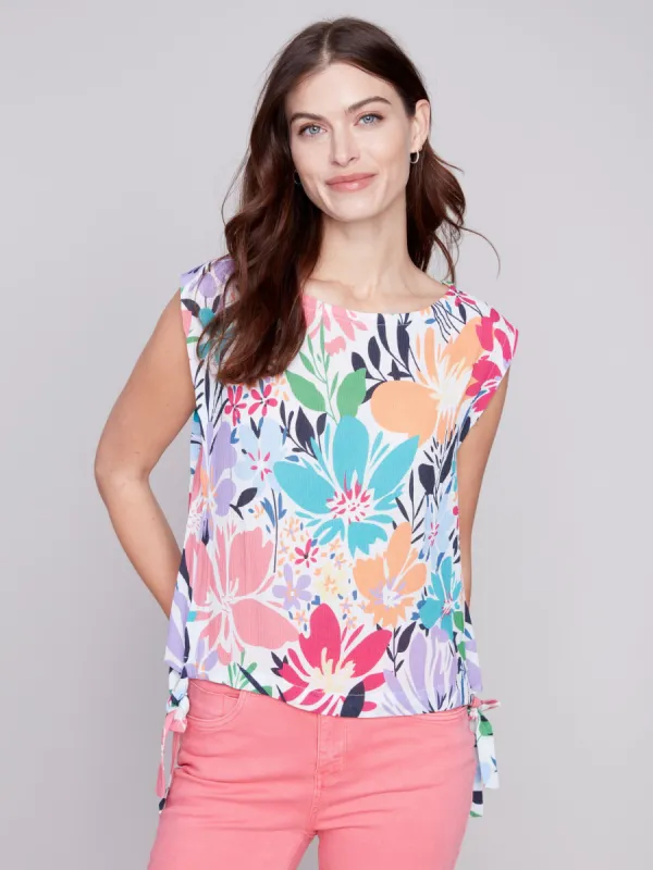Printed Sleeveless Blouse with Side Ties - Blossom sold by Charlie B