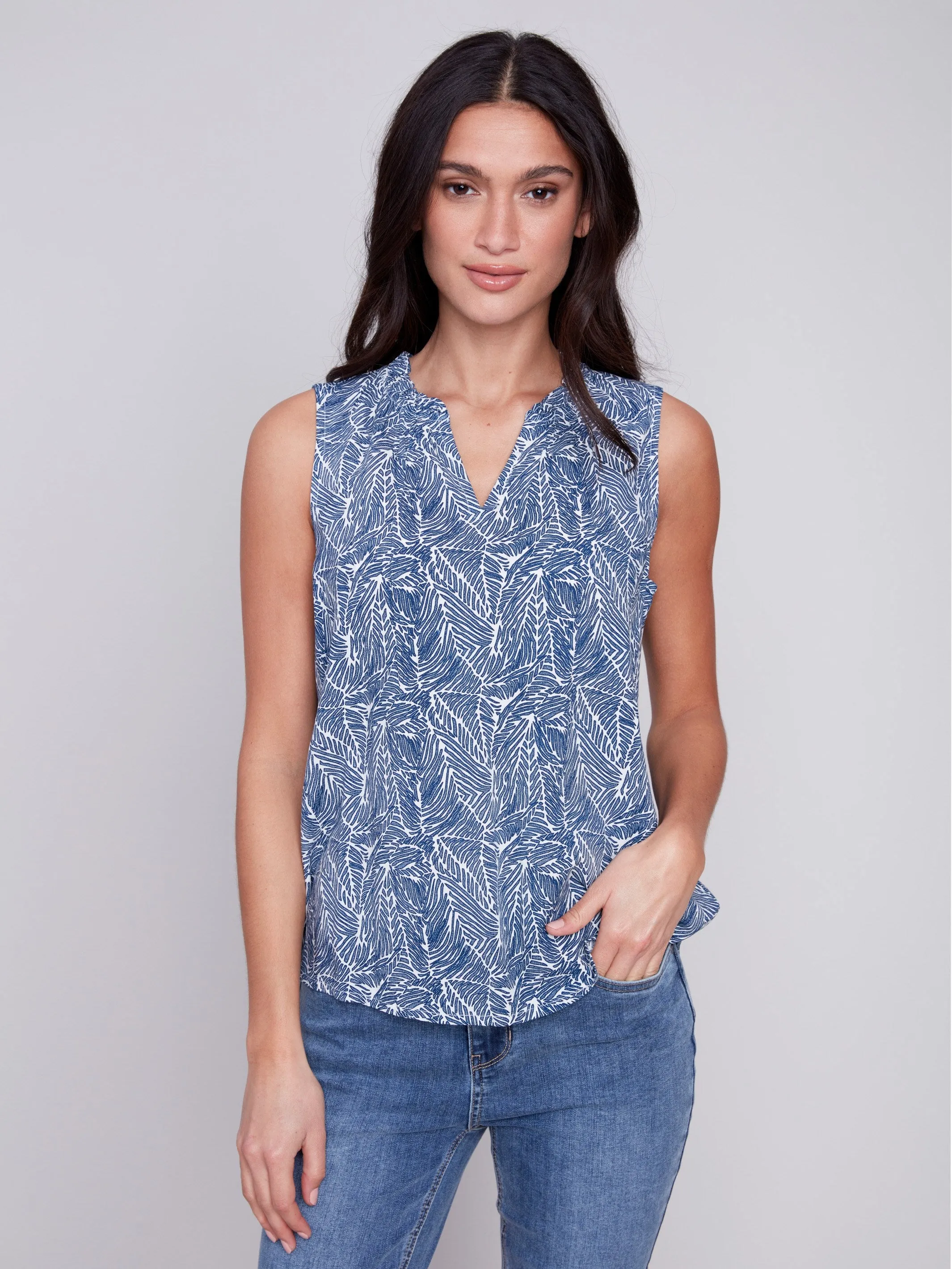 Sleeveless Printed Ruffle Neck Blouse - Petals sold by Charlie B