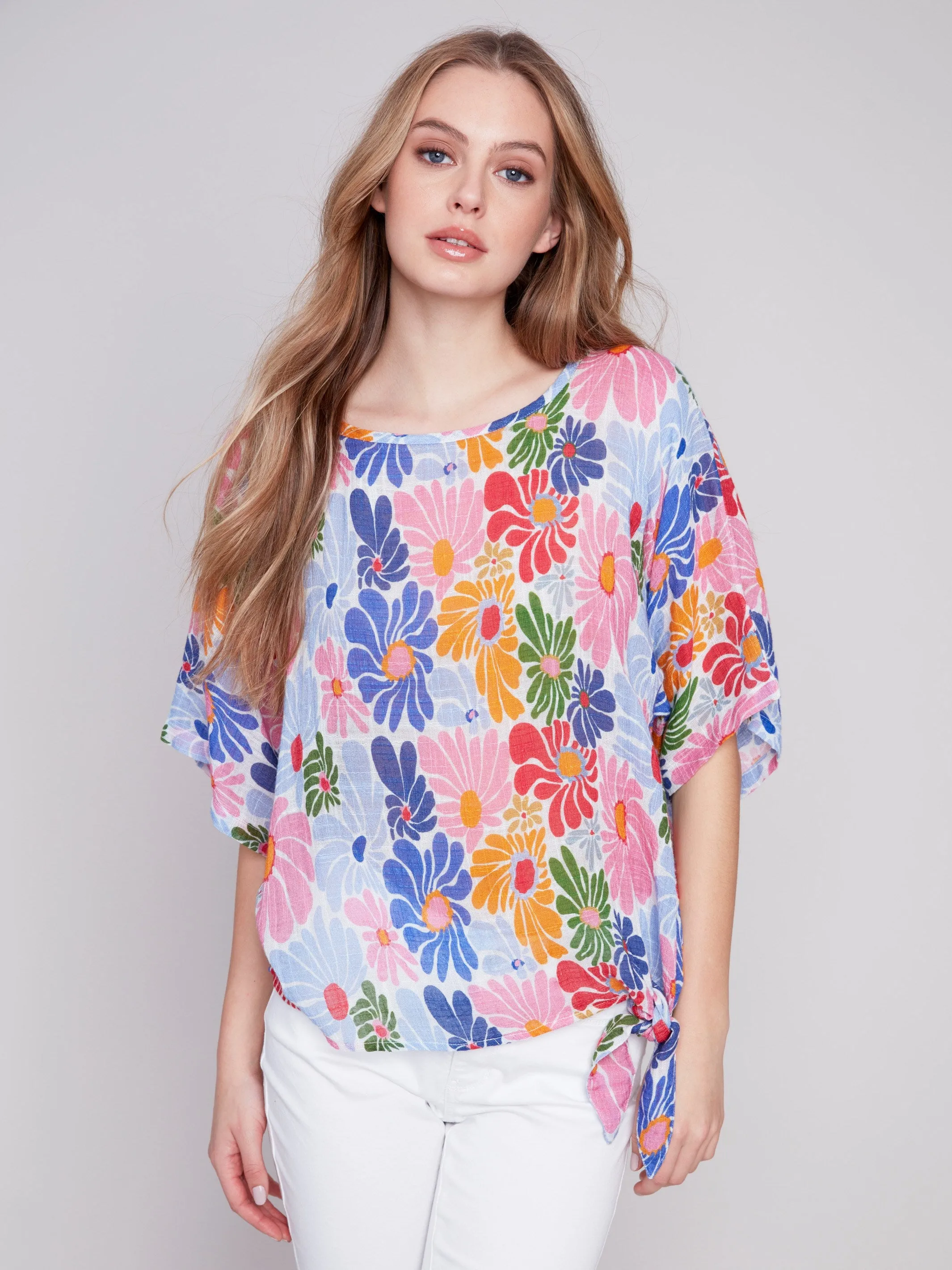 Printed Cotton Gauze Blouse with Side Tie - Multicolor sold by Charlie B